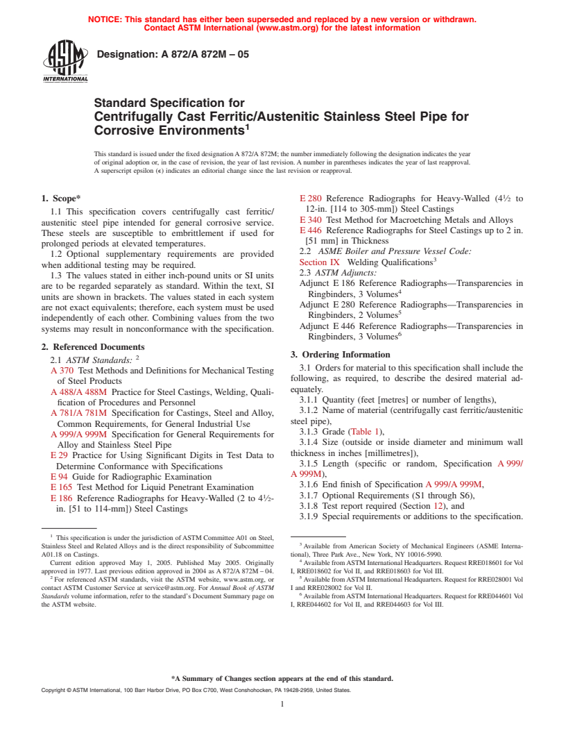 ASTM A872/A872M-05 - Standard Specification for Centrifugally Cast Ferritic/Austenitic Stainless Steel Pipe for Corrosive Environments