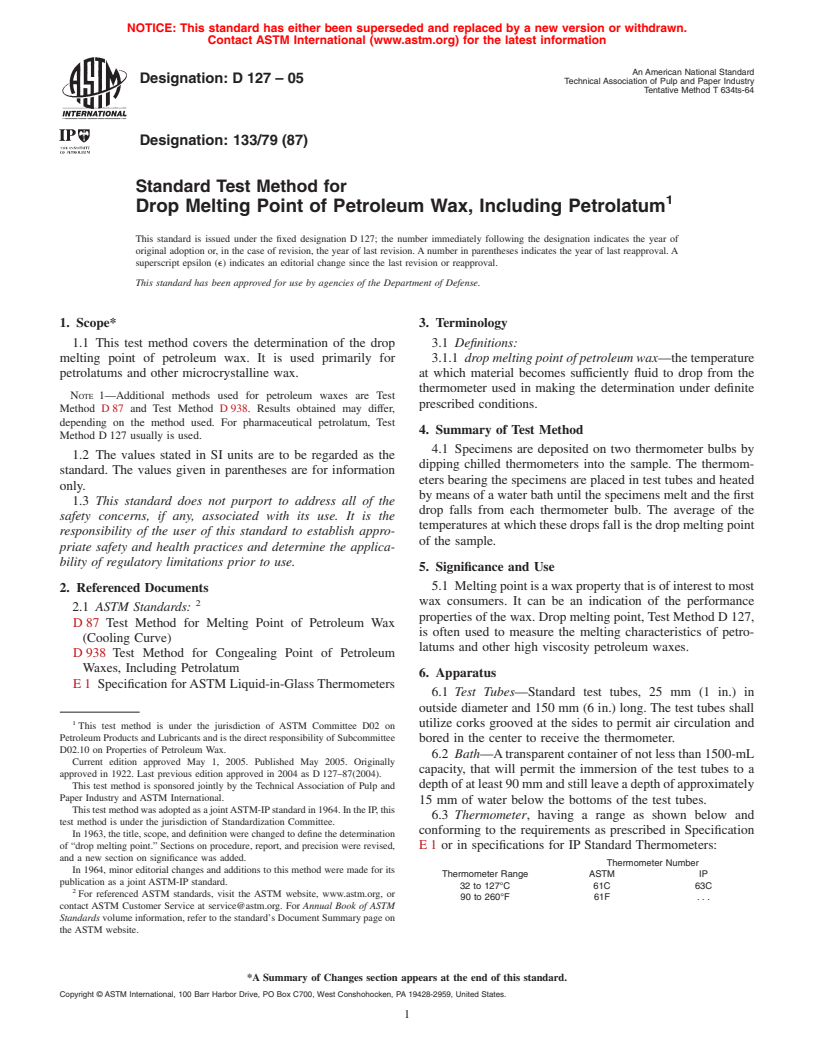 ASTM D127-05 - Standard Test Method for Drop Melting Point of Petroleum Wax, Including Petrolatum