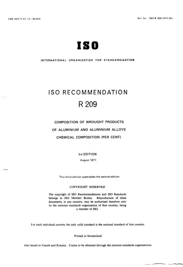 ISO/R 209:1971 - Composition of wrought products of aluminium and aluminium alloys -- Chemical composition (per cent)