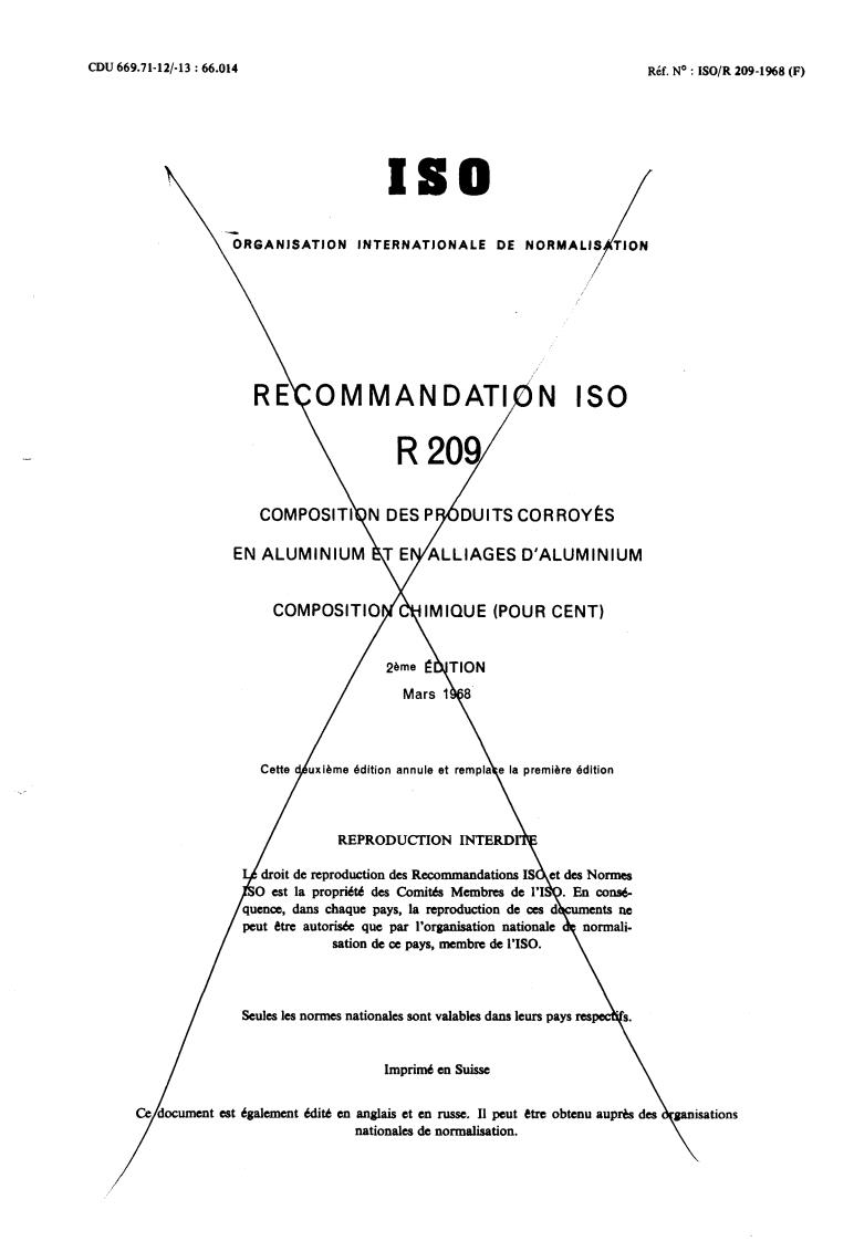 ISO/R 209:1971 - Composition of wrought products of aluminium and aluminium alloys — Chemical composition (per cent)
Released:8/1/1971