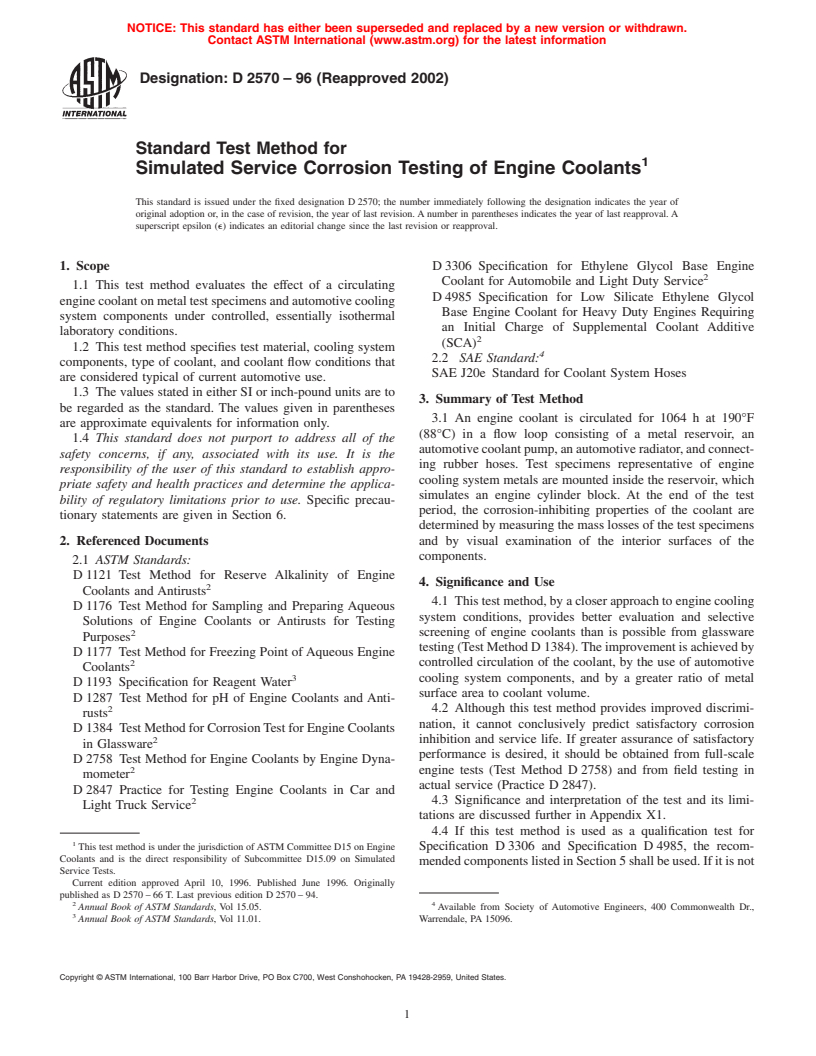 ASTM D2570-96(2002) - Standard Test Method for Simulated Service Corrosion Testing of Engine Coolants