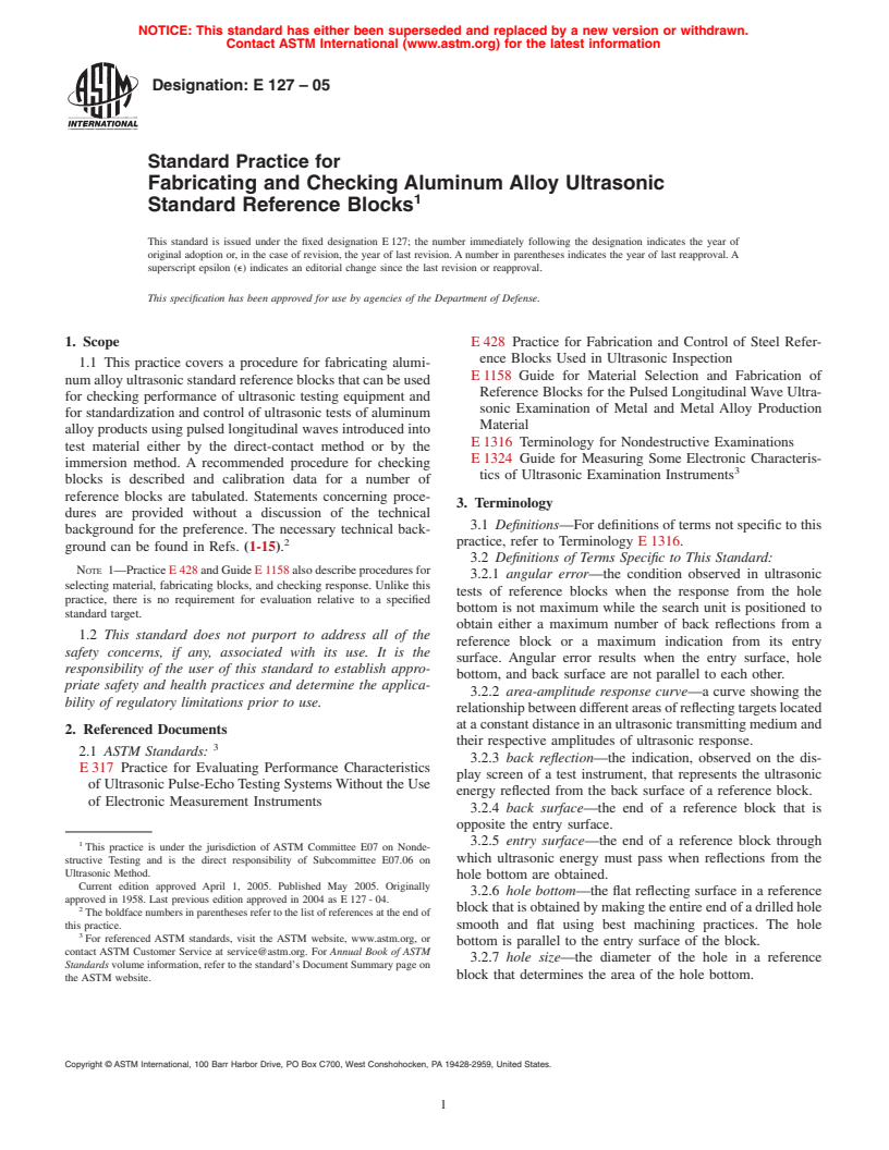 ASTM E127-05 - Standard Practice for Fabricating and Checking Aluminum Alloy Ultrasonic Standard Reference Blocks