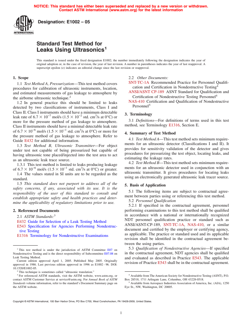 ASTM E1002-05 - Standard Test Method for Leaks Using Ultrasonics