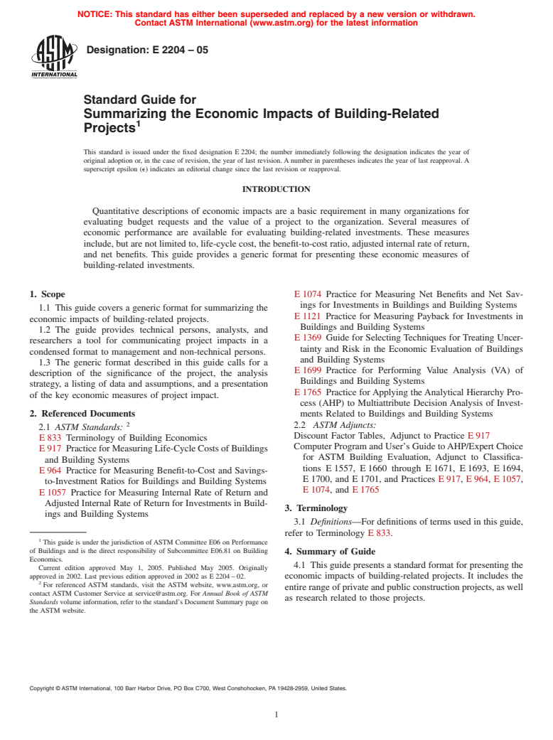 ASTM E2204-05 - Standard Guide for Summarizing the Economic Impacts of Building-Related Projects
