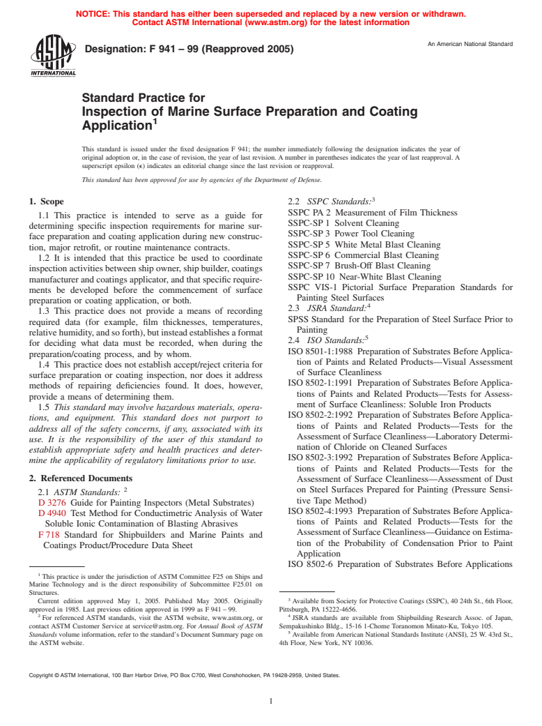 ASTM F941-99(2005) - Standard Practice for Inspection of Marine Surface Preparation and Coating Application