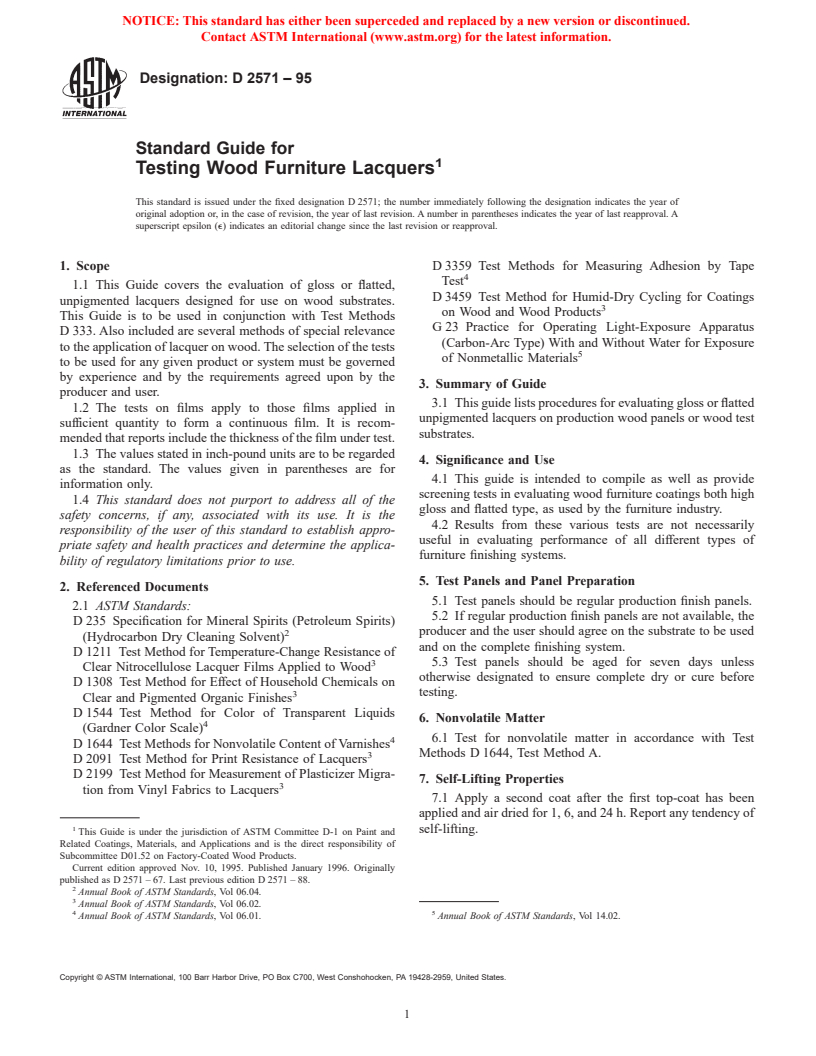 ASTM D2571-95 - Standard Guide for Testing Wood Furniture Lacquers (Withdrawn 2003)