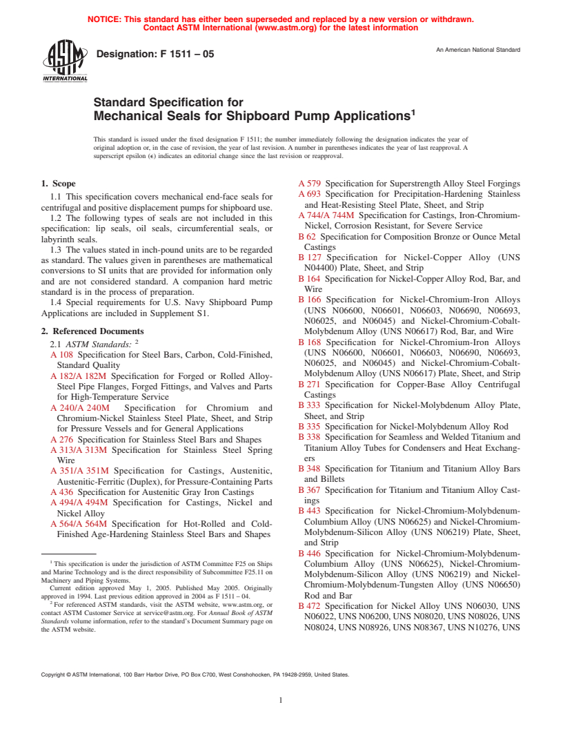 ASTM F1511-05 - Standard Specification for Mechanical Seals for Shipboard Pump Applications