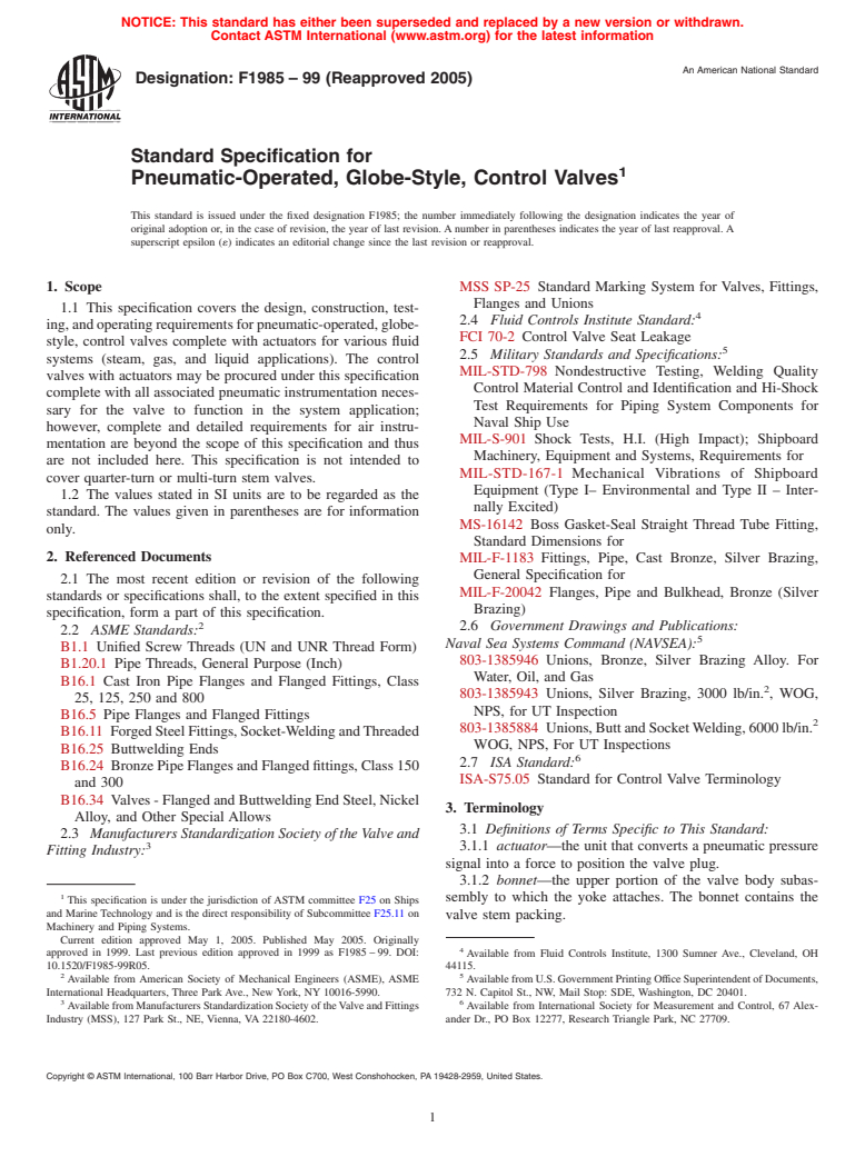 ASTM F1985-99(2005) - Standard Specification for Pneumatic-Operated, Globe-Style, Control Valves