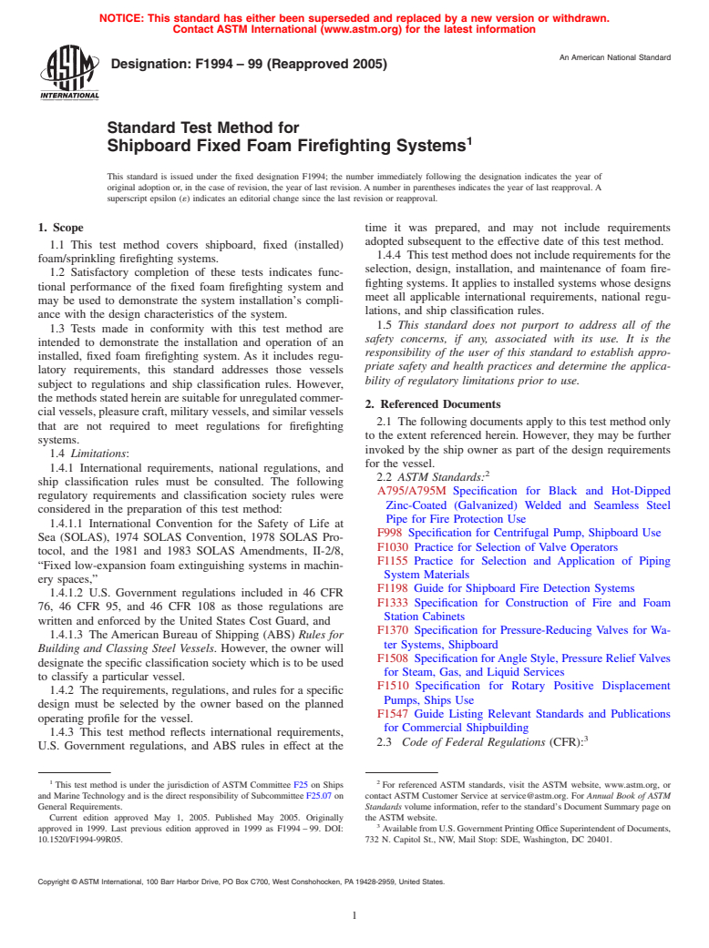 ASTM F1994-99(2005) - Standard Test Method for Shipboard Fixed Foam Firefighting Systems