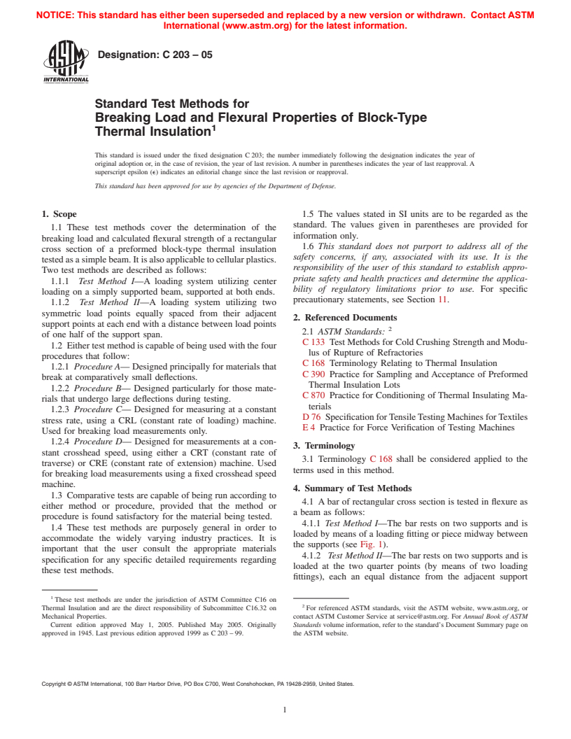 ASTM C203-05 - Standard Test Methods for Breaking Load and Flexural Properties of Block-Type Thermal Insulation