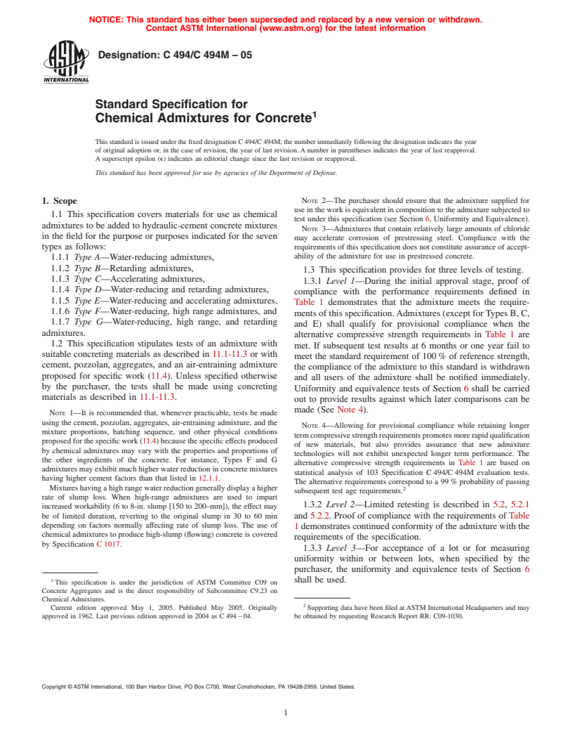 ASTM C494/C494M-05 - Standard Specification for Chemical Admixtures for Concrete