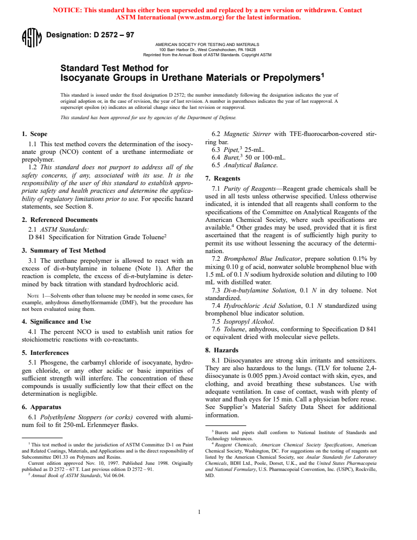 ASTM D2572-97 - Standard Test Method for Isocyanate Groups in Urethane Materials or Prepolymers