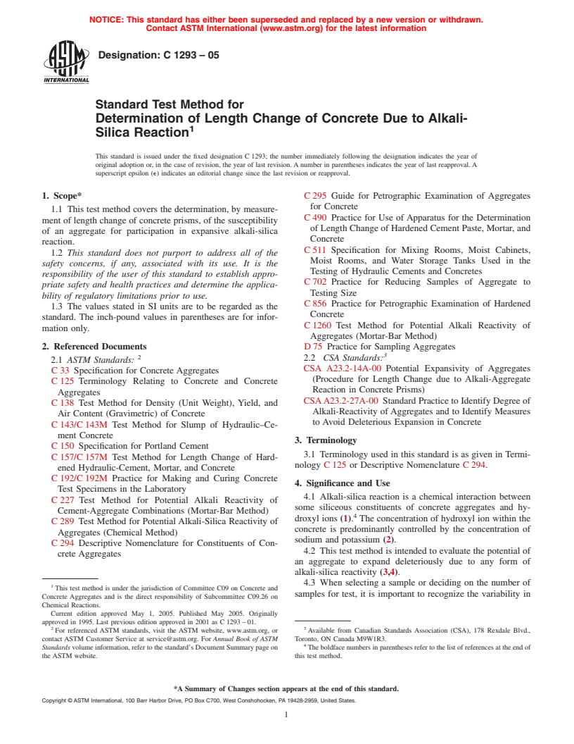 ASTM C1293-05 - Standard Test Method for Determination of Length Change of Concrete Due to Alkali-Silica Reaction