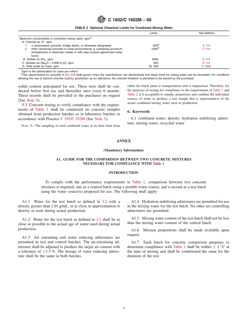 ASTM C1602/C1602M-05 - Standard Specification for Mixing Water Used in the Production of Hydraulic Cement Concrete