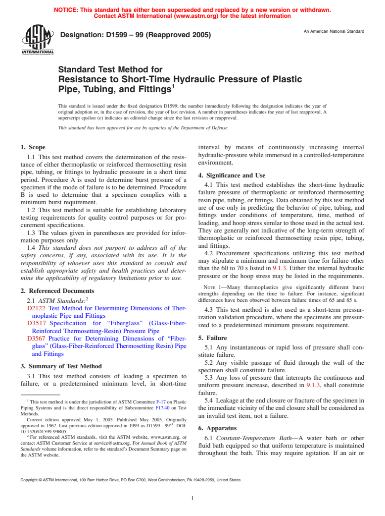 ASTM D1599-99(2005) - Standard Test Method for Resistance to Short-Time Hydraulic Pressure of Plastic Pipe, Tubing, and Fittings