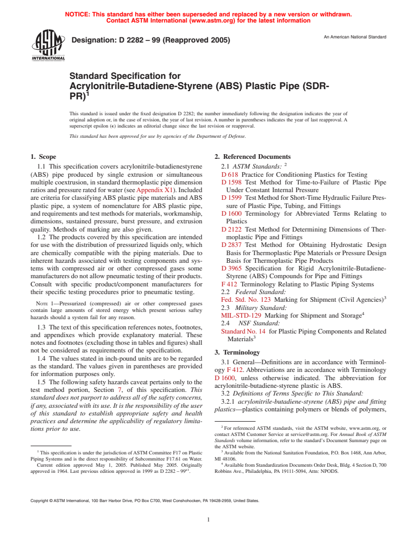 ASTM D2282-99(2005) - Standard Specification for Acrylonitrile-Butadiene-Styrene (ABS) Plastic Pipe (Withdrawn 2007)