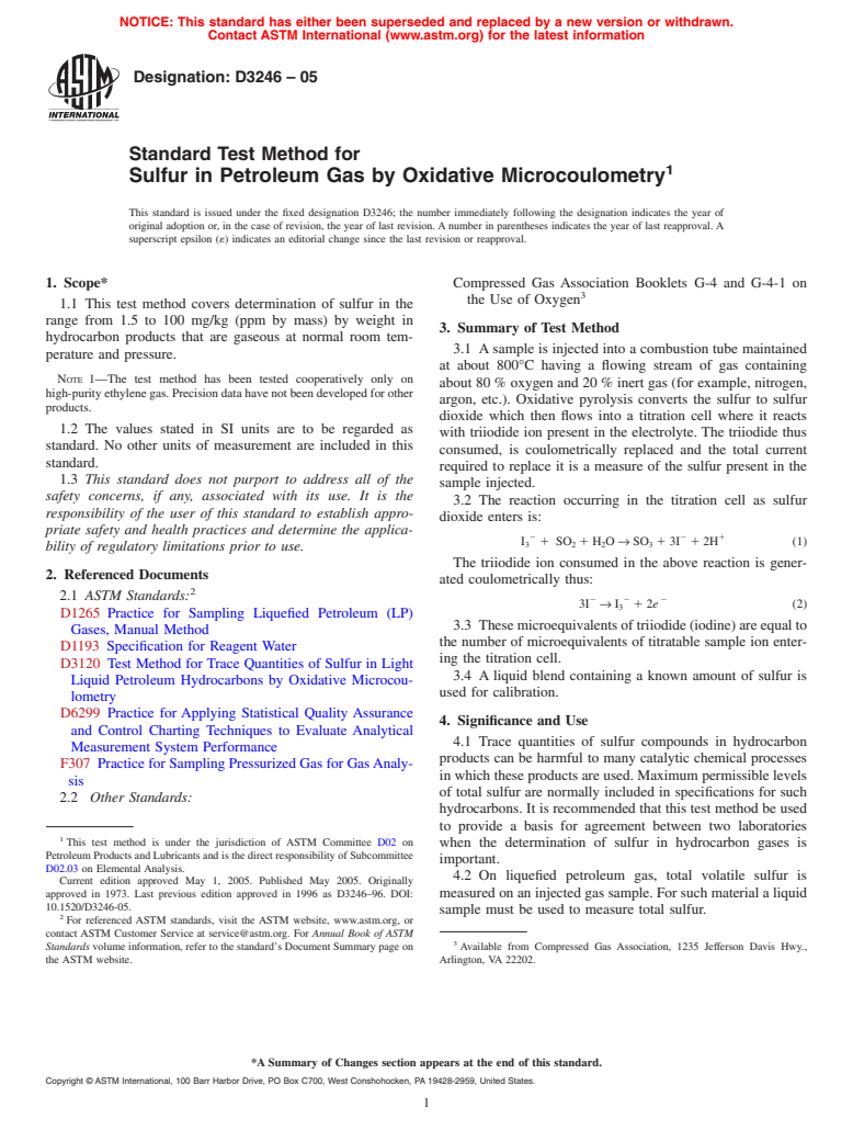 ASTM D3246-05 - Standard Test Method for Sulfur in Petroleum Gas by Oxidative Microcoulometry