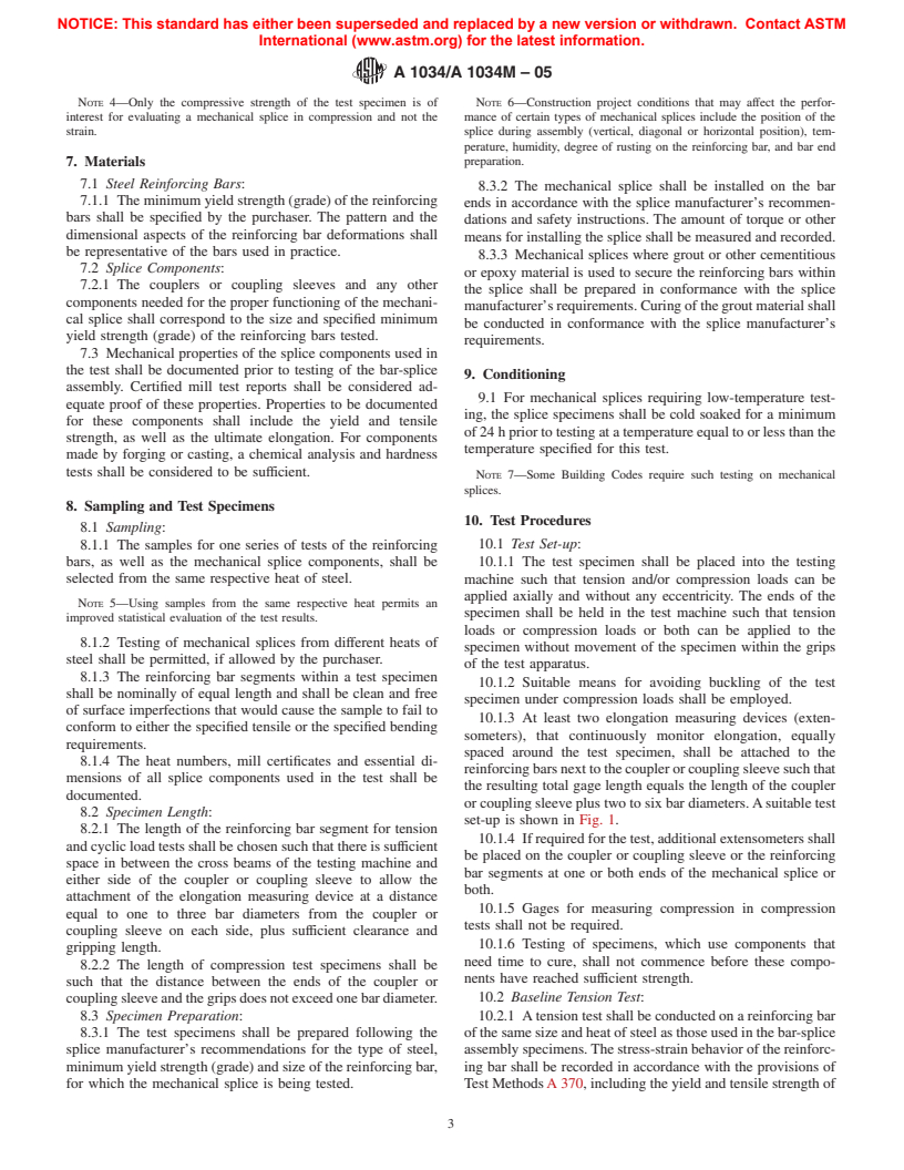 ASTM A1034/A1034M-05 - Standard Test Methods for Testing Mechanical Splices for Steel Reinforcing Bars