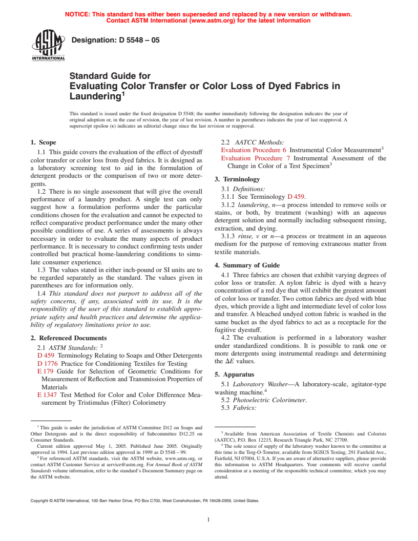 ASTM D5548-05 - Standard Guide for Evaluating Color Transfer or Color Loss of Dyed Fabrics in Laundering