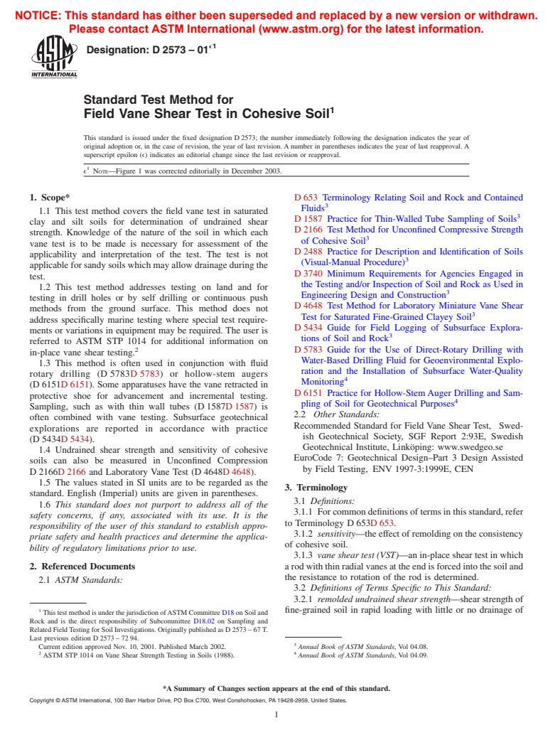 ASTM D2573-01e1 - Standard Test Method for Field Vane Shear Test in Cohesive Soil