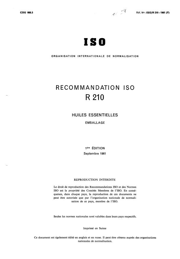 ISO/R 210:1961 - Huiles essentielles -- Emballage