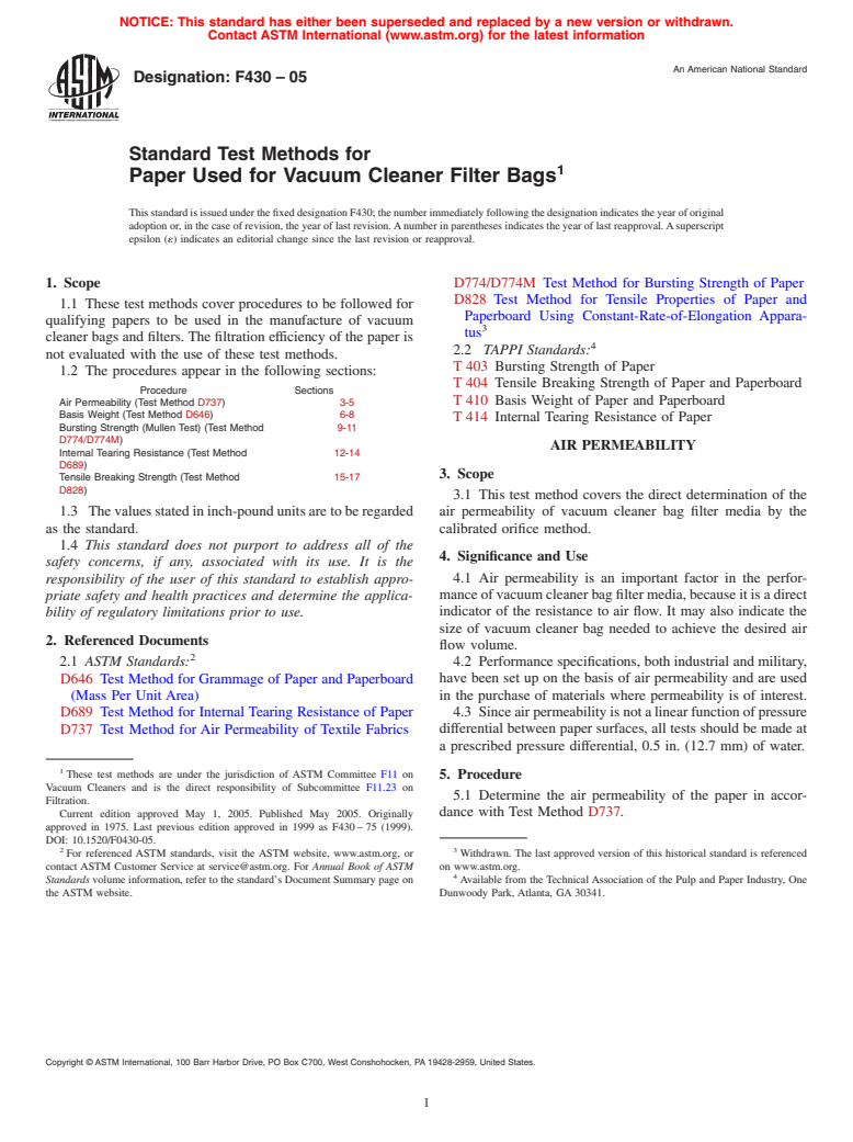 ASTM F430-05 - Standard Test Methods for Paper Used for Vacuum Cleaner Filter Bags