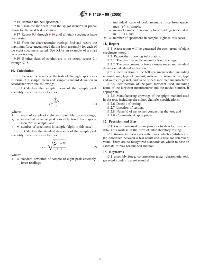 ASTM F1429-99(2005) - Standard Test Method for Assembly Force of Plastic Underground Conduit Joints That Use Flexible Elastomeric Seals Located in the Bell