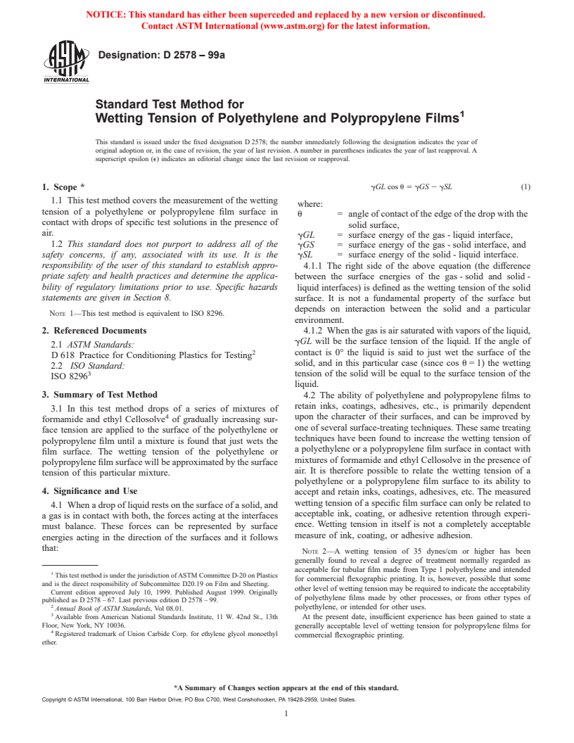 ASTM D2578-99a - Standard Test Method for Wetting Tension of Polyethylene and Polypropylene Films