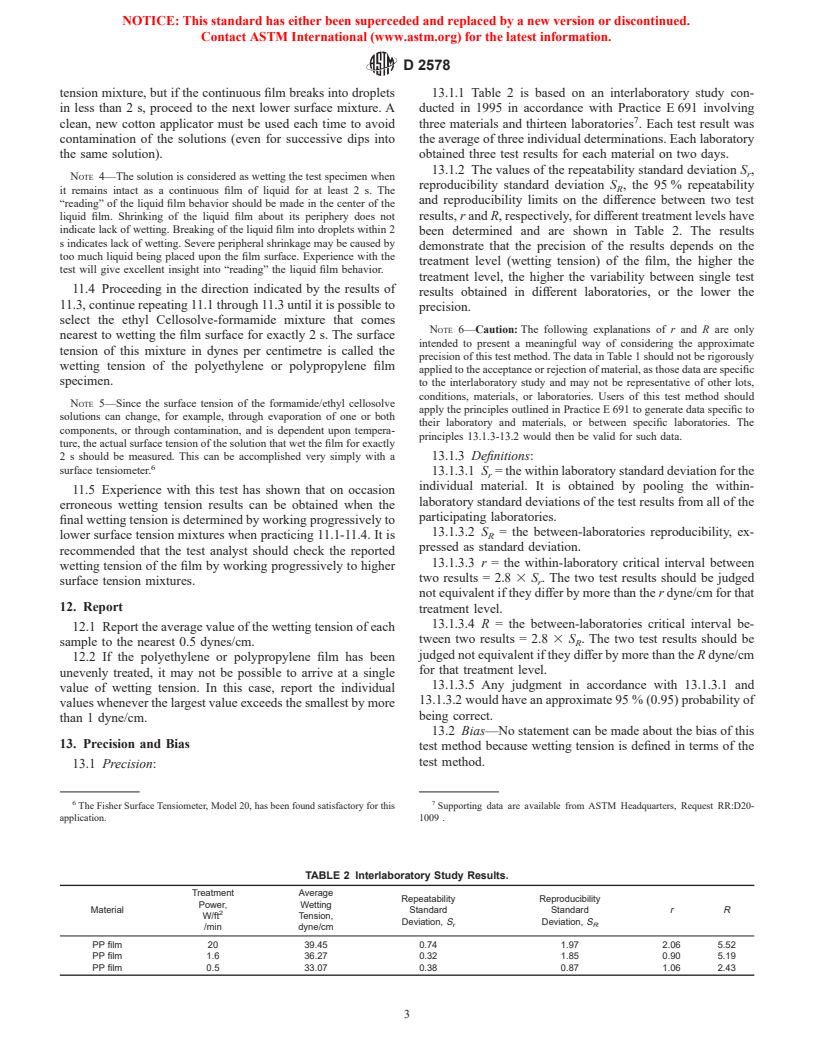 ASTM D2578-99a - Standard Test Method for Wetting Tension of Polyethylene and Polypropylene Films