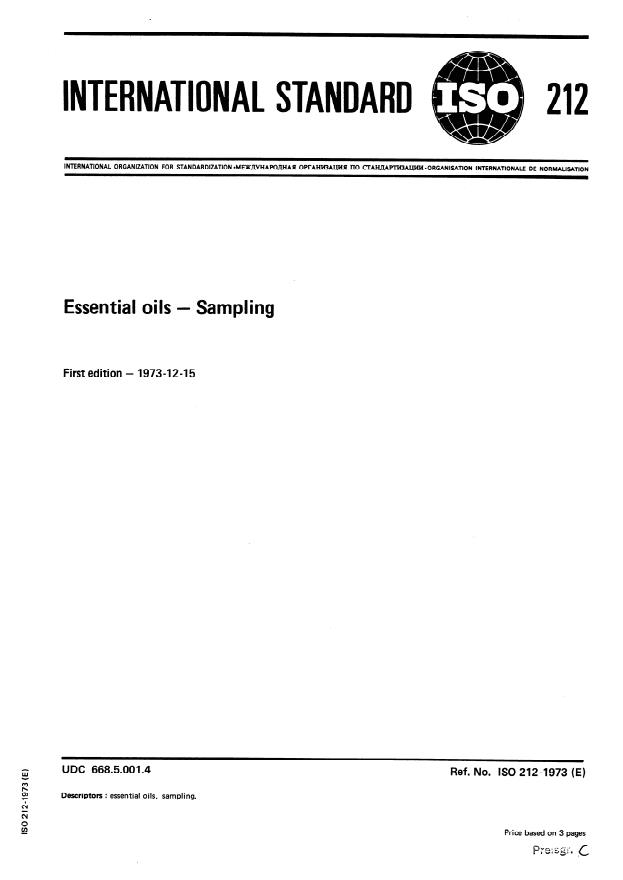ISO 212:1973 - Essential oils -- Sampling