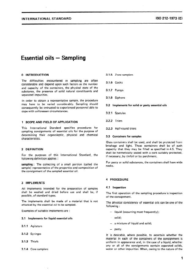 ISO 212:1973 - Essential oils -- Sampling