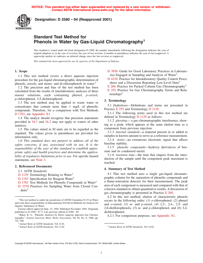 ASTM D2580-94(2001) - Standard Test Method For Phenols In Water By Gas ...