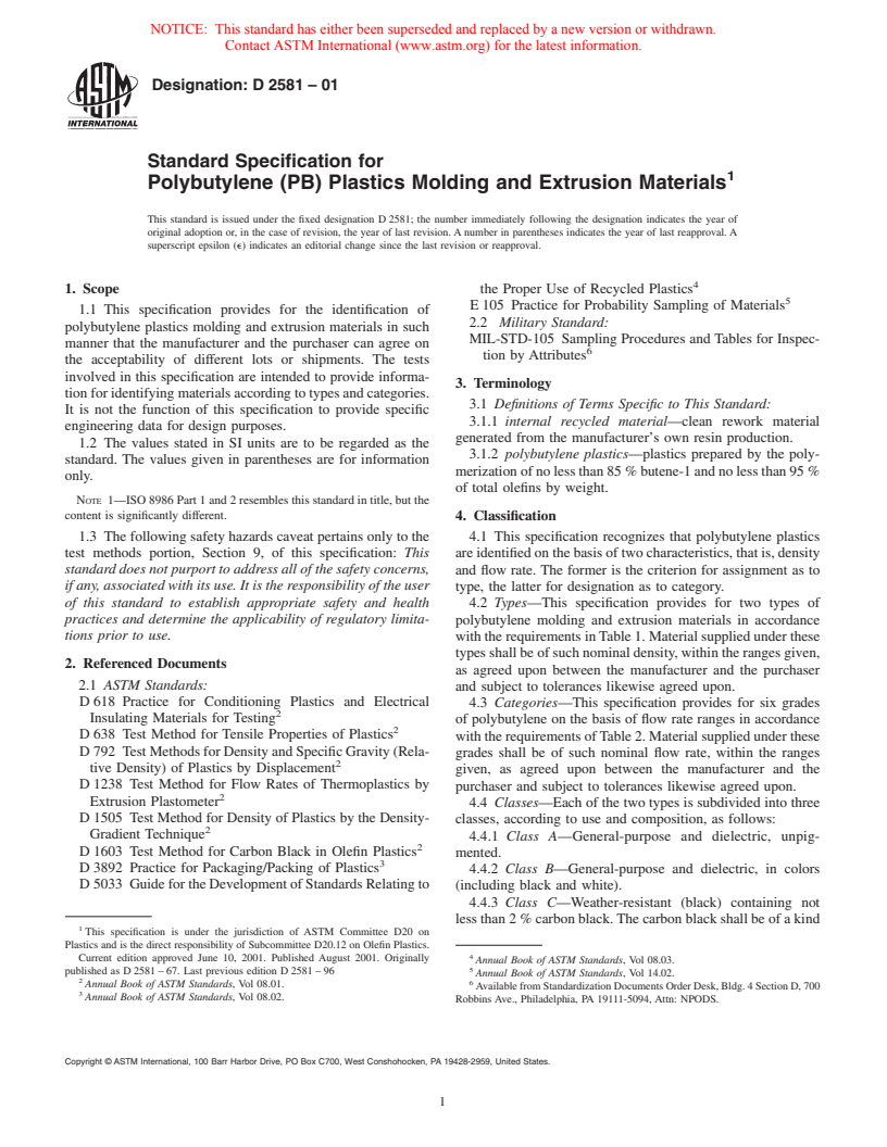ASTM D2581-01 - Standard Specification for Polybutylene (PB) Plastics Molding and Extrusion Materials