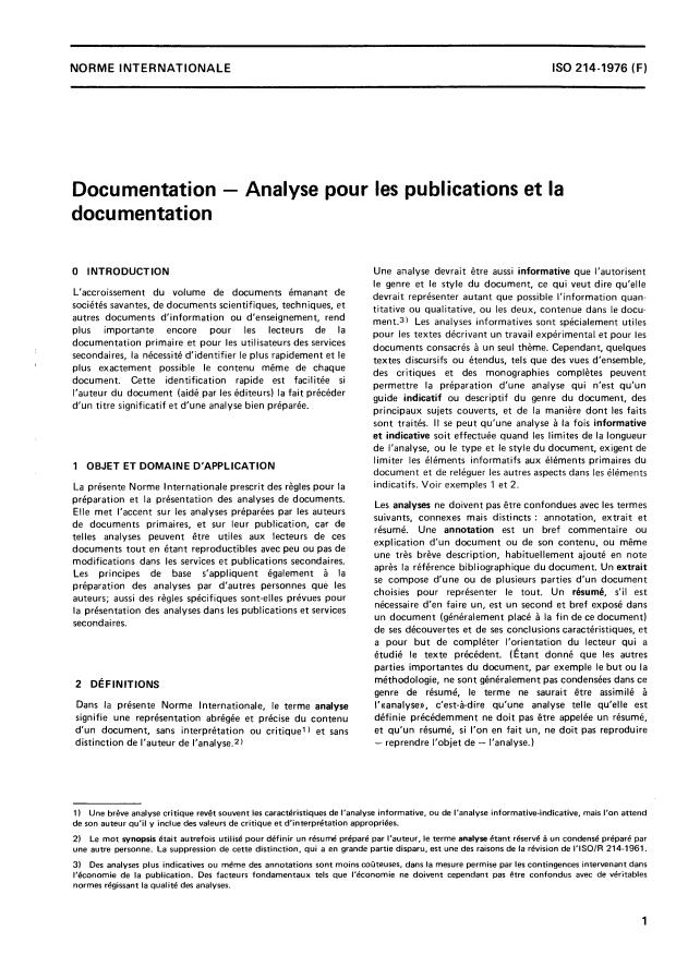 ISO 214:1976 - Documentation -- Analyse pour les publications et la documentation