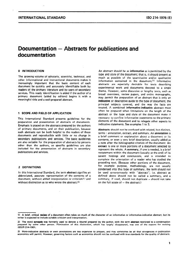 ISO 214:1976 - Documentation -- Abstracts for publications and documentation