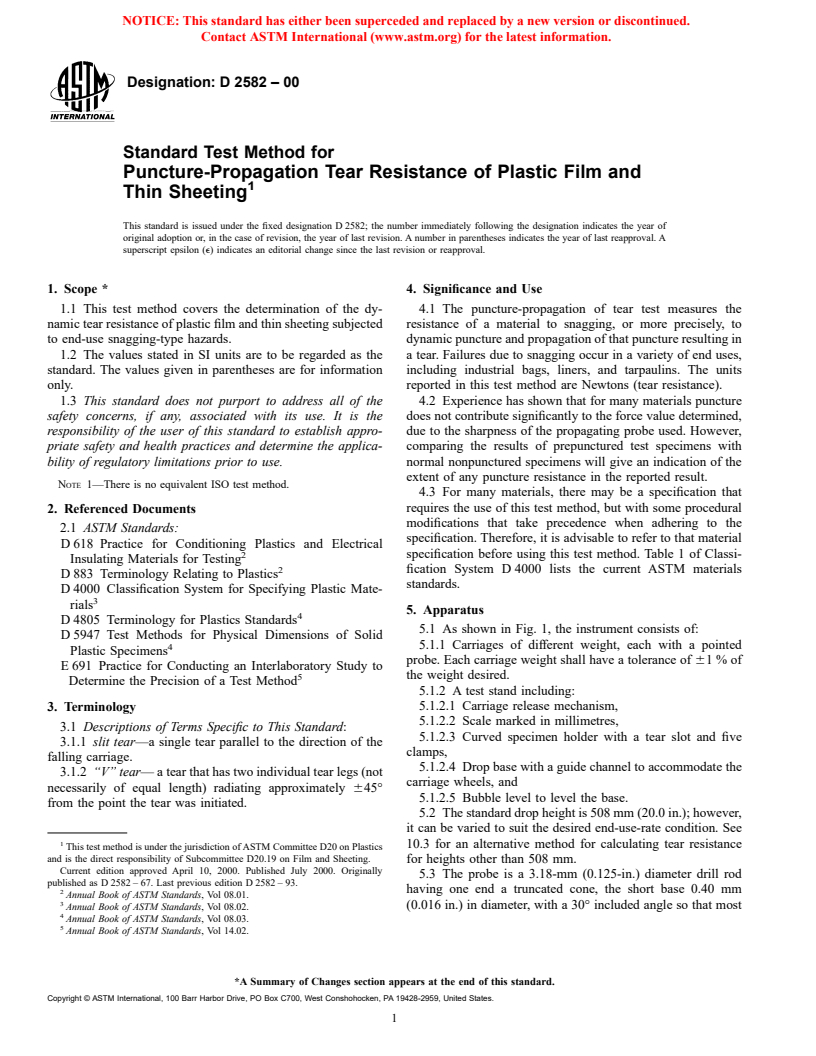 ASTM D2582-00 - Standard Test Method for Puncture-Propagation Tear Resistance of Plastic Film and Thin Sheeting