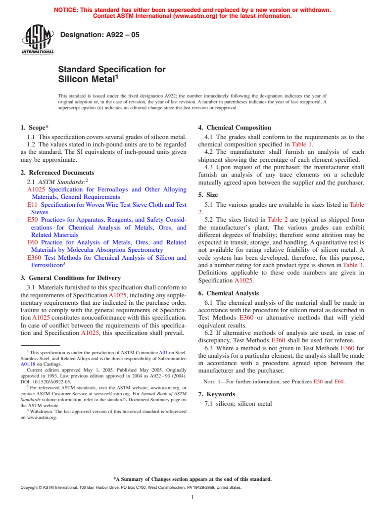 ASTM A922-05 - Standard Specification for Silicon Metal