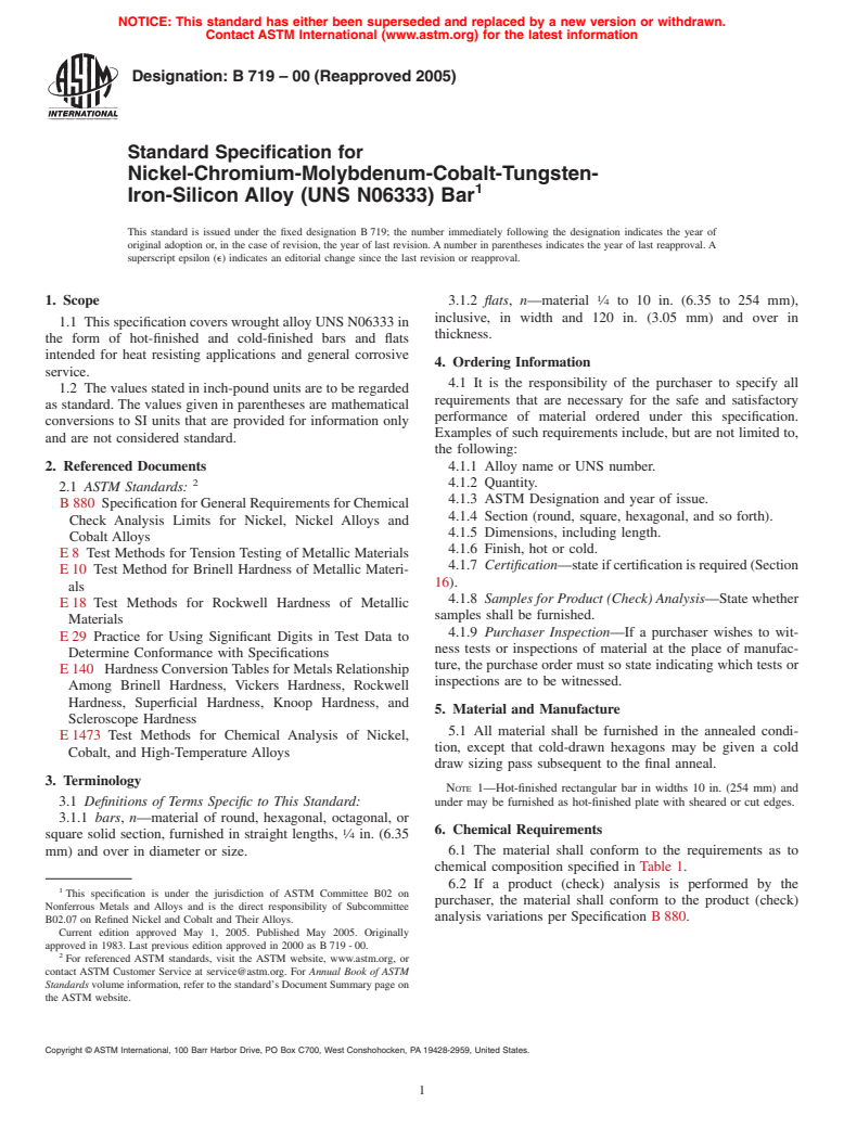 ASTM B719-00(2005) - Standard Specification for Nickel-Chromium-Molybdenum-Cobalt-Tungsten-Iron-Silicon Alloy (UNS N06333) Bar