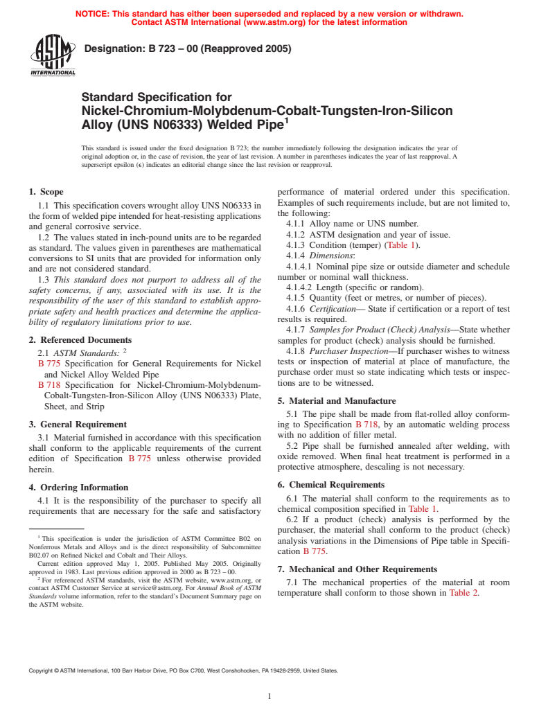 ASTM B723-00(2005) - Standard Specification for Nickel-Chromium-Molybdenum-Cobalt-Tungsten-Iron-Silicon Alloy (UNS N06333) Welded Pipe