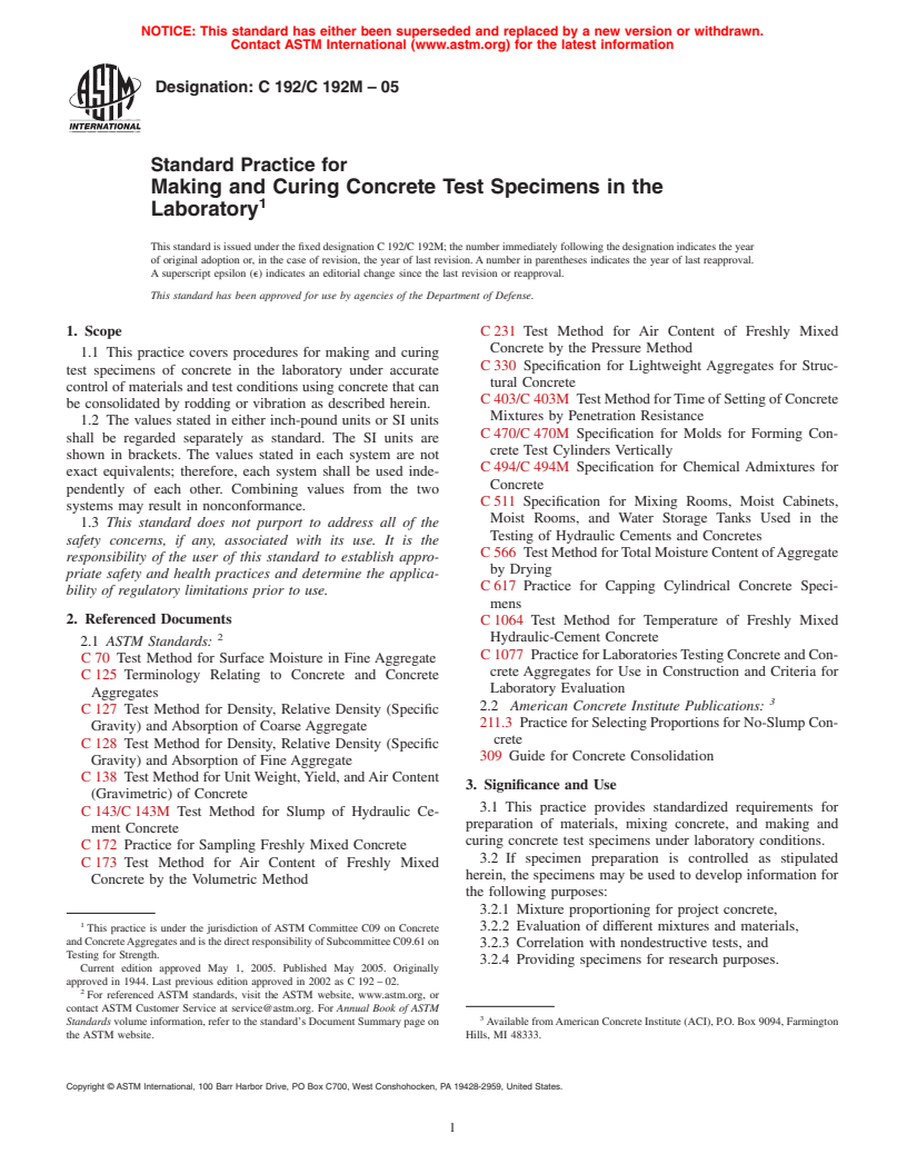 ASTM C192/C192M-05 - Standard Practice for Making and Curing Concrete Test Specimens in the Laboratory