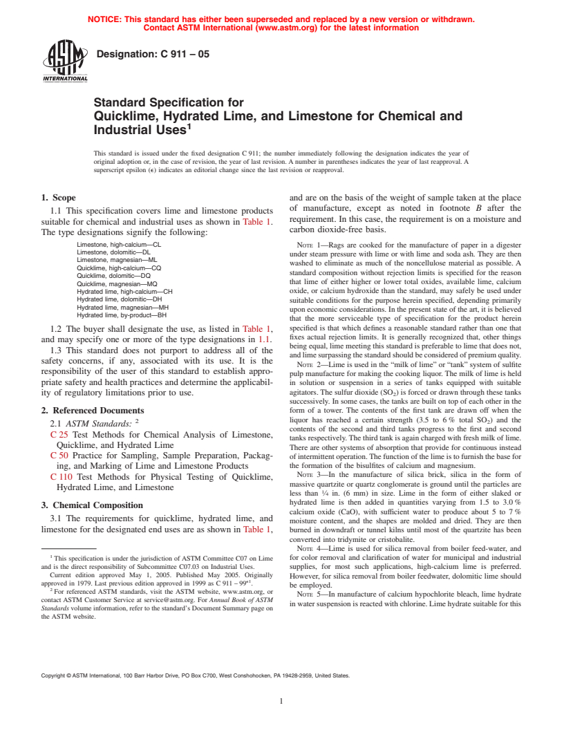 ASTM C911-05 - Standard Specification for Quicklime, Hydrated Lime, and Limestone for Chemical Uses