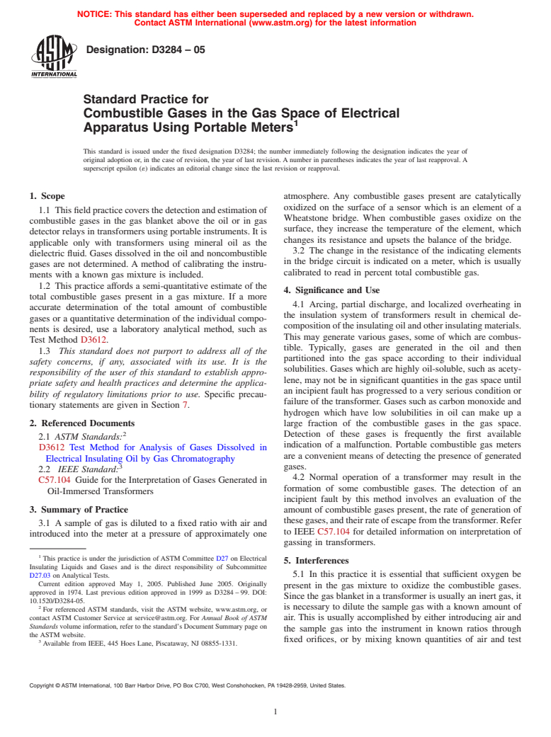 ASTM D3284-05 - Standard Practice for Combustible Gases in the Gas Space of Electrical Apparatus Using Portable Meters