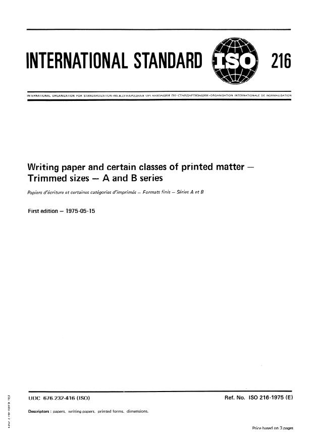 ISO 216:1975 - Writing paper and certain classes of printed matter -- Trimmed sizes -- A and B series