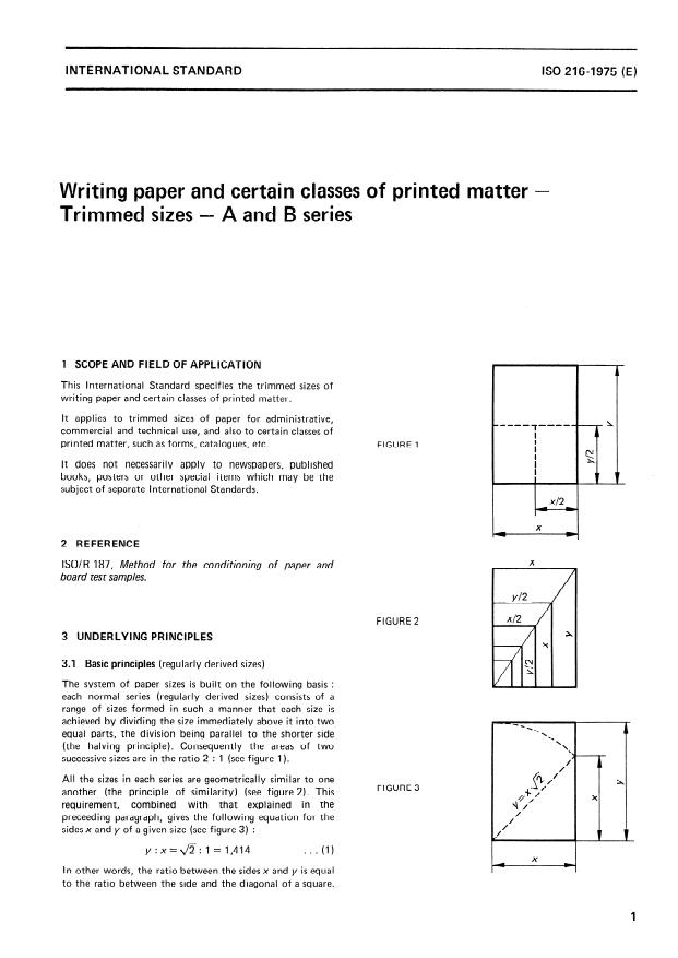 ISO 216:1975 - Writing paper and certain classes of printed matter -- Trimmed sizes -- A and B series