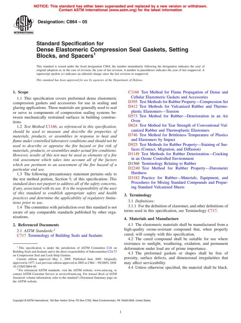 ASTM C864-05 - Standard Specification for Dense Elastomeric Compression Seal Gaskets, Setting Blocks, and Spacers