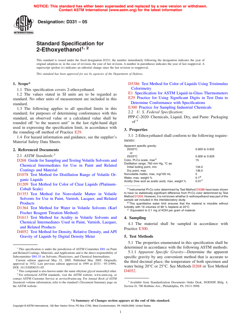 ASTM D331-05 - Standard Specification for 2-Ethoxyethanol