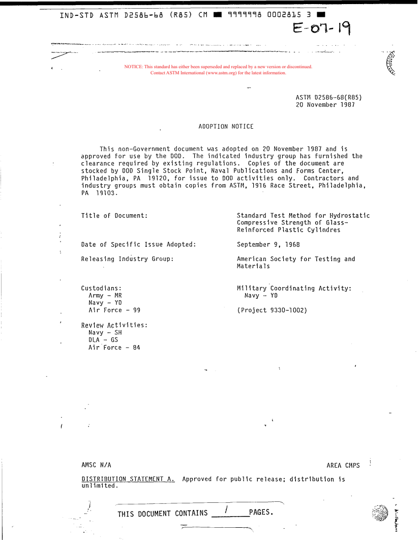 ASTM D2586-68(1990)e1 - Standard Test Method for Hydrostatic Compressive Strength of Glass-Reinforced Plastic Cylinders (Withdrawn 1996)