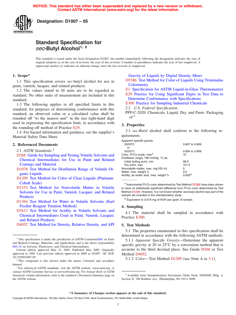 ASTM D1007-05 - Standard Specification for <i>sec</i>-Butyl Alcohol