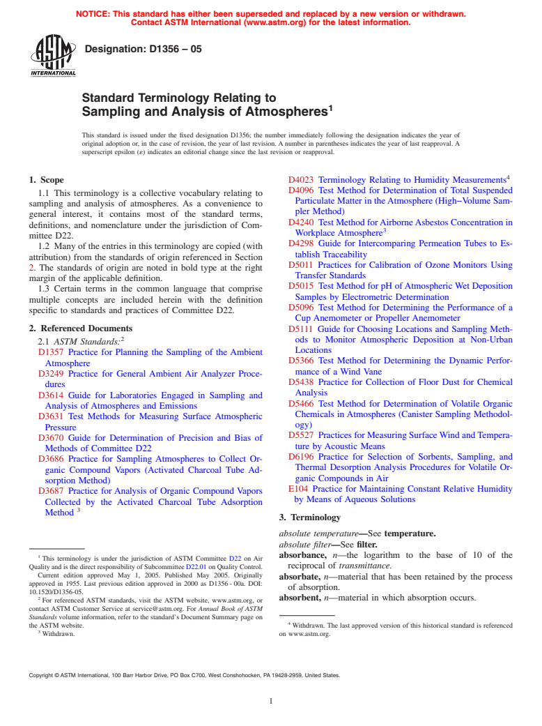 ASTM D1356-05 - Standard Terminology Relating to Sampling and Analysis of Atmospheres