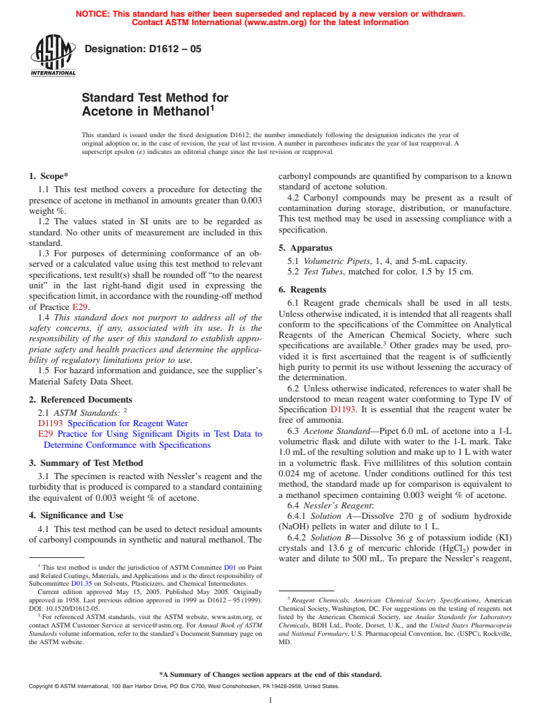 ASTM D1612-05 - Standard Test Method for Acetone in Methanol (Withdrawn 2011)